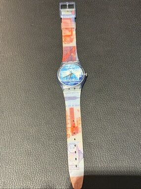 Swatch Colorful Patterned Analog Watch - Blue Dial, Multicolor Strap